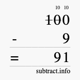 Calculate 100 minus 9 using long subtraction