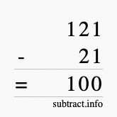 Calculate 121 minus 21 using long subtraction