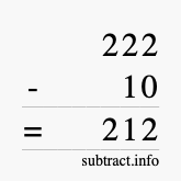 Calculate 222 minus 10 using long subtraction