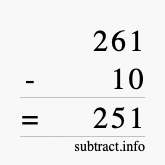 Calculate 261 minus 10 using long subtraction