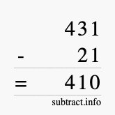 Calculate 431 minus 21 using long subtraction