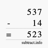 Calculate 537 minus 14 using long subtraction