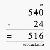 Calculate 540 minus 24 using long subtraction