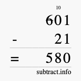 Calculate 601 minus 21 using long subtraction