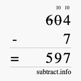 Calculate 604 minus 7 using long subtraction