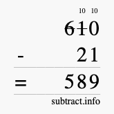 Calculate 610 minus 21 using long subtraction