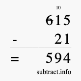 Calculate 615 minus 21 using long subtraction