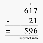Calculate 617 minus 21 using long subtraction