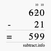 Calculate 620 minus 21 using long subtraction