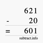 Calculate 621 minus 20 using long subtraction
