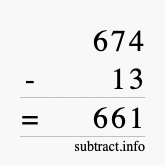 Calculate 674 minus 13 using long subtraction