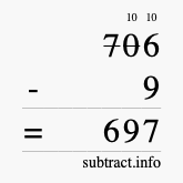 Calculate 706 minus 9 using long subtraction
