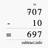 Calculate 707 minus 10 using long subtraction
