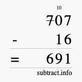 Calculate 707 minus 16 using long subtraction