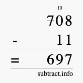 Calculate 708 minus 11 using long subtraction