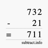 Calculate 732 minus 21 using long subtraction