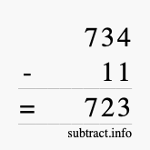 Calculate 734 minus 11 using long subtraction