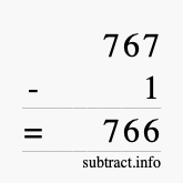 Calculate 767 minus 1 using long subtraction