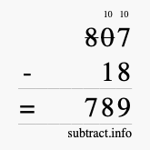 Calculate 807 minus 18 using long subtraction