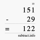 Calculate 151 minus 29 using long subtraction Calculate 151 minus 29 using long subtraction