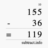 Calculate 155 minus 36 using long subtraction