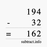 Calculate 194 minus 32 using long subtraction