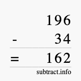 Calculate 196 minus 34 using long subtraction