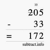 Calculate 205 minus 33 using long subtraction Calculate 205 minus 33 using long subtraction