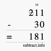 Calculate 211 minus 30 using long subtraction