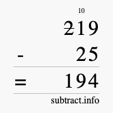 Calculate 219 minus 25 using long subtraction