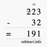 Calculate 223 minus 32 using long subtraction