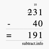 Calculate 231 minus 40 using long subtraction
