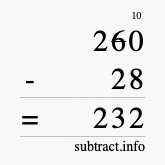 Calculate 260 minus 28 using long subtraction Calculate 260 minus 28 using long subtraction