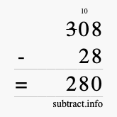 Calculate 308 minus 28 using long subtraction Calculate 308 minus 28 using long subtraction