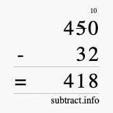 Calculate 450 minus 32 using long subtraction