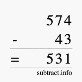 Calculate 574 minus 43 using long subtraction