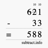 Calculate 621 minus 33 using long subtraction