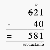 Calculate 621 minus 40 using long subtraction