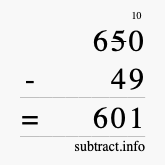 Calculate 650 minus 49 using long subtraction