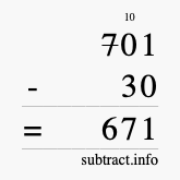 Calculate 701 minus 30 using long subtraction