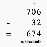 Calculate 706 minus 32 using long subtraction