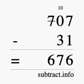 Calculate 707 minus 31 using long subtraction