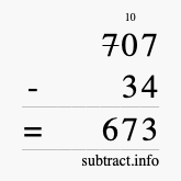 Calculate 707 minus 34 using long subtraction