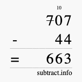 Calculate 707 minus 44 using long subtraction