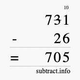 Calculate 731 minus 26 using long subtraction Calculate 731 minus 26 using long subtraction