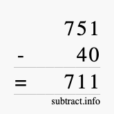 Calculate 751 minus 40 using long subtraction