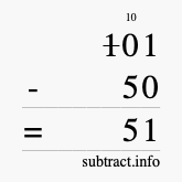Calculate 101 minus 50 using long subtraction