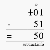 Calculate 101 minus 51 using long subtraction