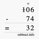Calculate 106 minus 74 using long subtraction