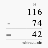 Calculate 116 minus 74 using long subtraction